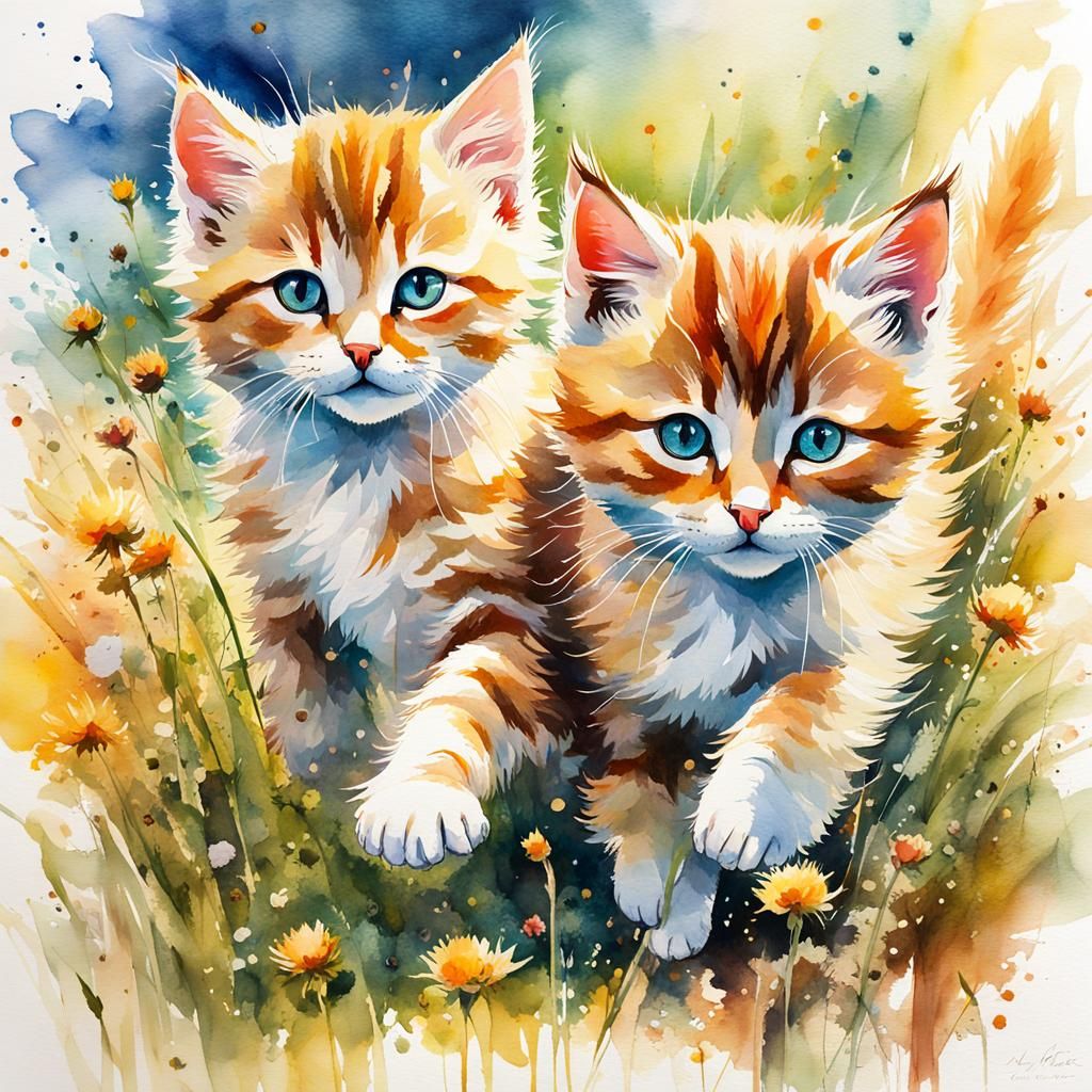 Watercolor Kittens Playing in a Sunny Meadow
