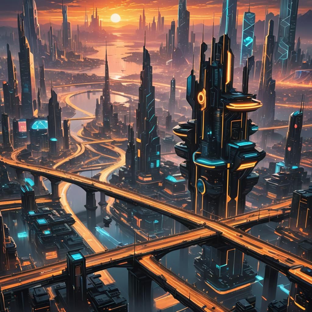 Futuristic Cityscape in Tron Style at Sunset