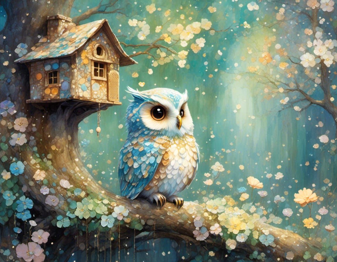 Chibified Owl in Patchwork Suit with Treehouse