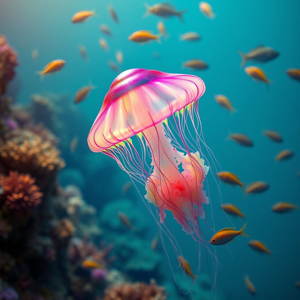 Rainbow Jellyfish in Turquoise Ocean: Photorealistic Art