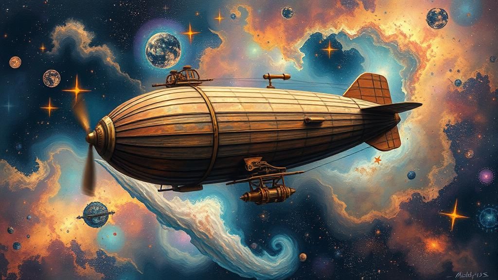 Cosmic Zeppelin Soaring Through Iridescent Galaxies