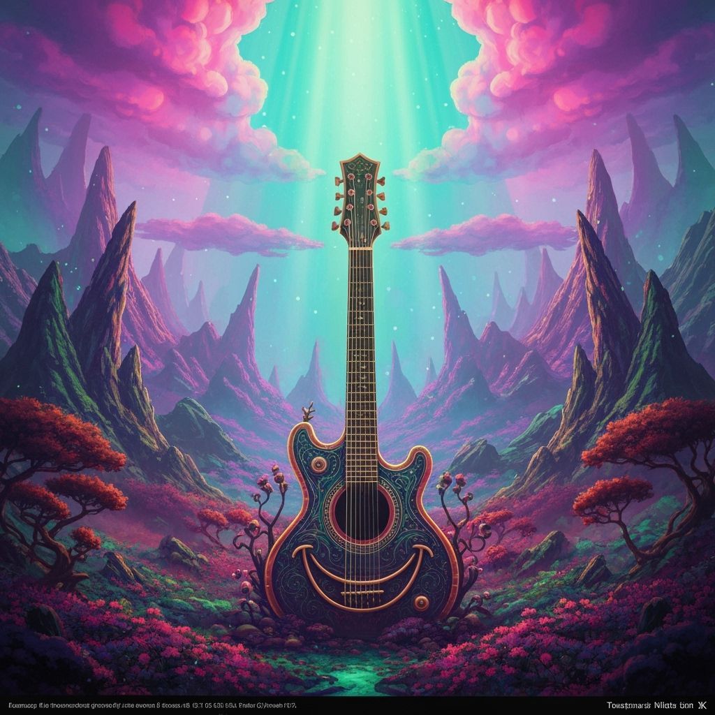 Psychedelic Guitar Landscape in Fantasy Matte Painting Style