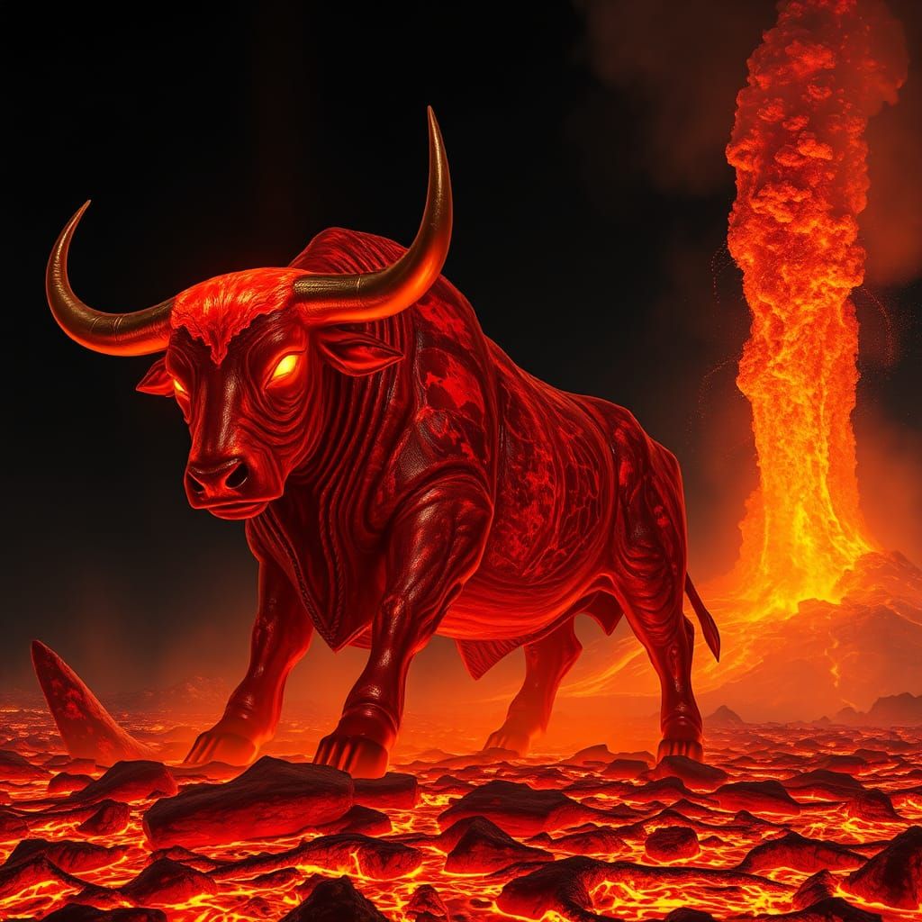 Magma Bull on Volcanic Landscape as Digital Art