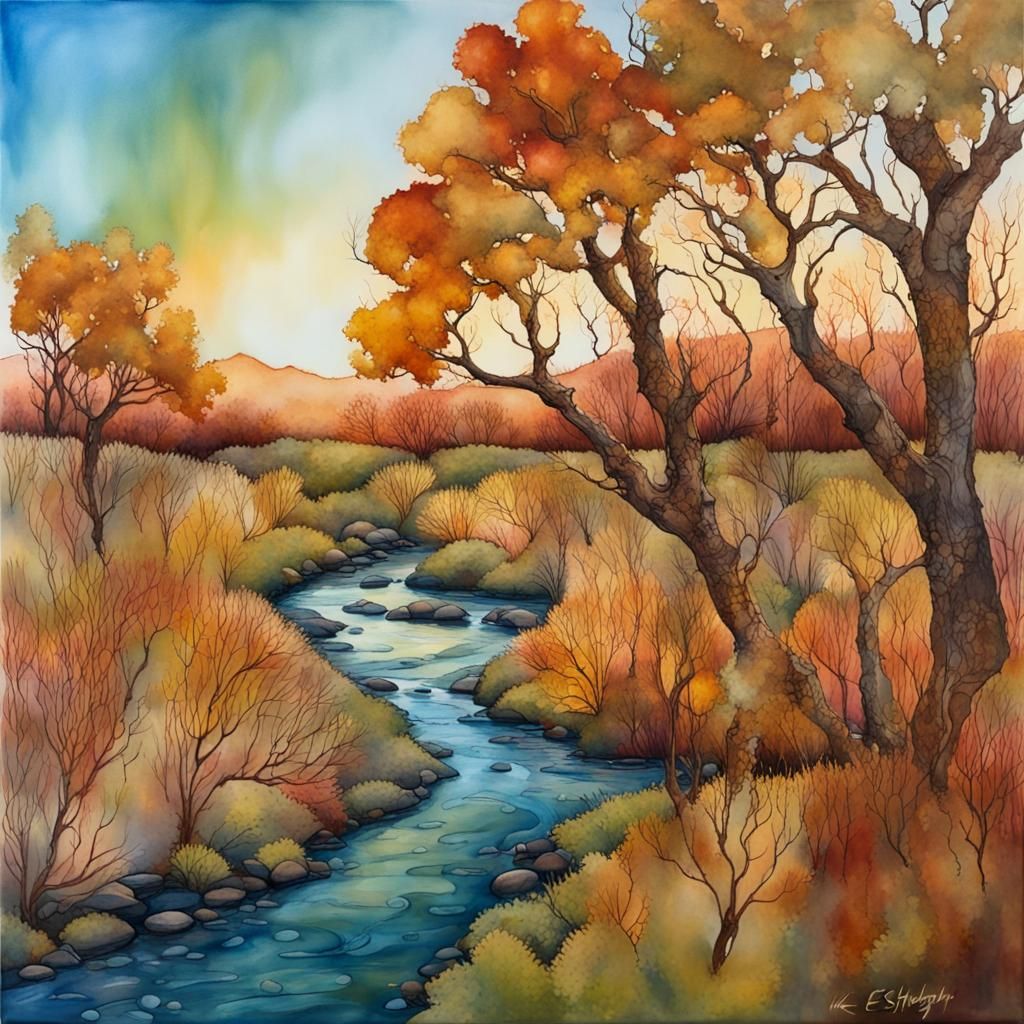 meticulous alcohol ink landscape painting of a cottonwood willow riparian habitat in Autumn, meandering stream, at sunse...