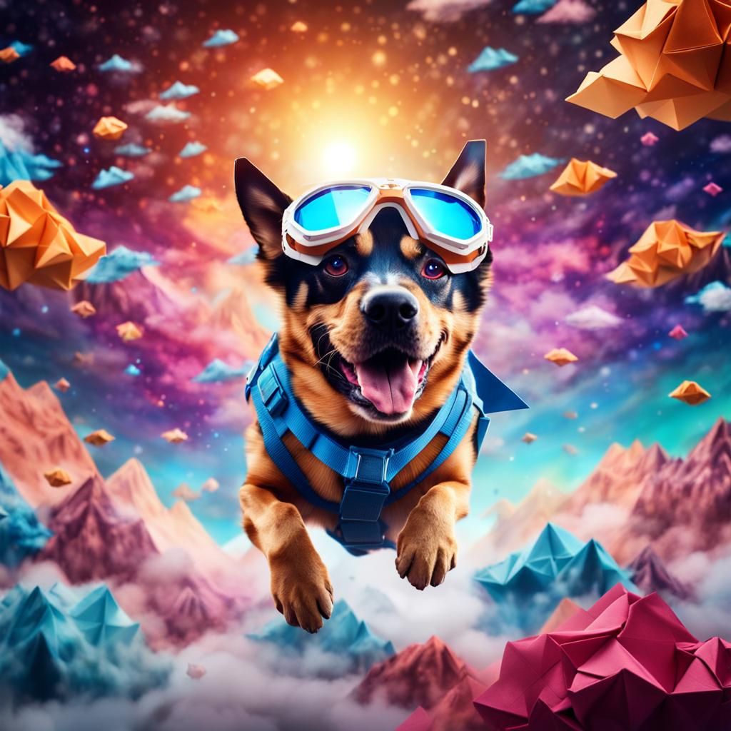 Dog Flies Through Cosmic Clouds in Origami Style