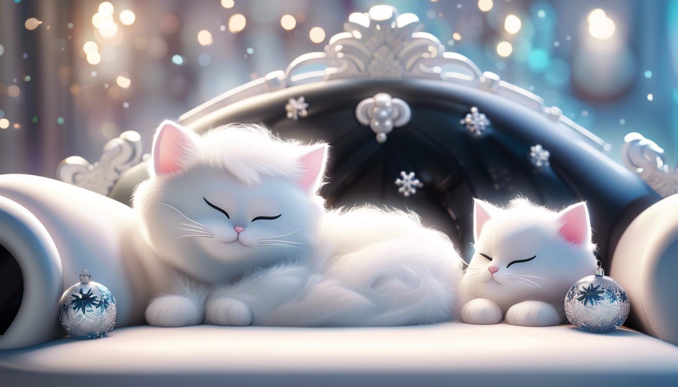white lace kittens black
 with diadem jewels christmas snowflakes on baroque sofa sleeping
 Disney, concept art, 3d digi...