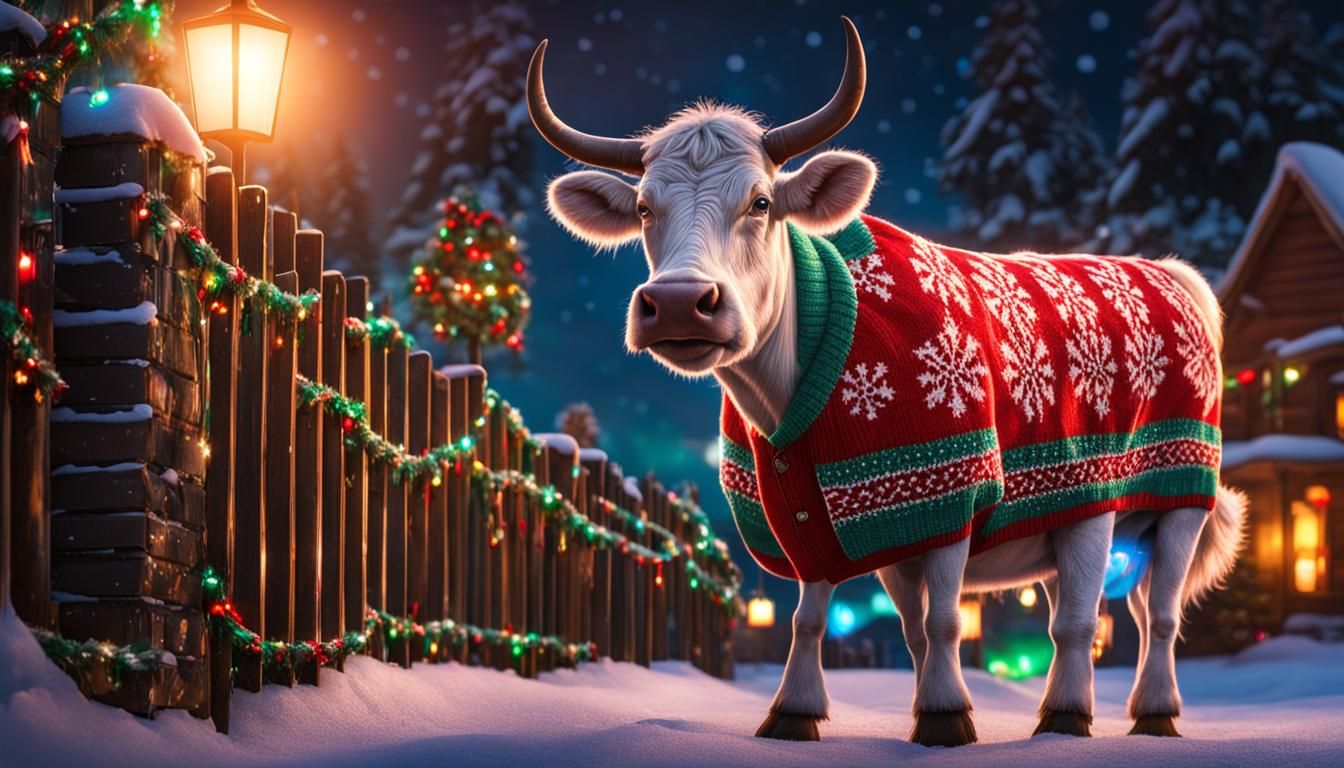 Cow in Christmas Sweater Decorating Fence