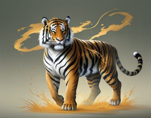 Chinese Mythological God of Abundance Riding a Tiger in a Ba...