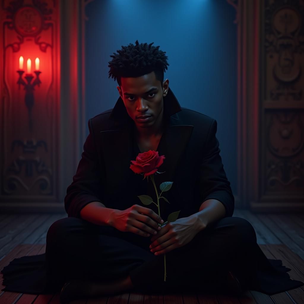 Vampire in Mystical Room with Rose, Fantasy Art
