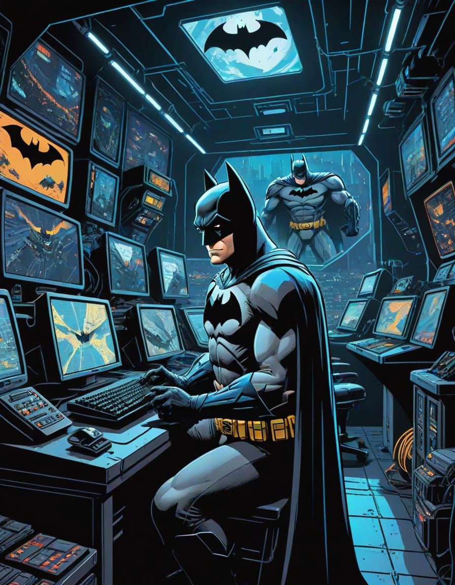 Batman in Batcave: Classic Cartoon Comic Book Style