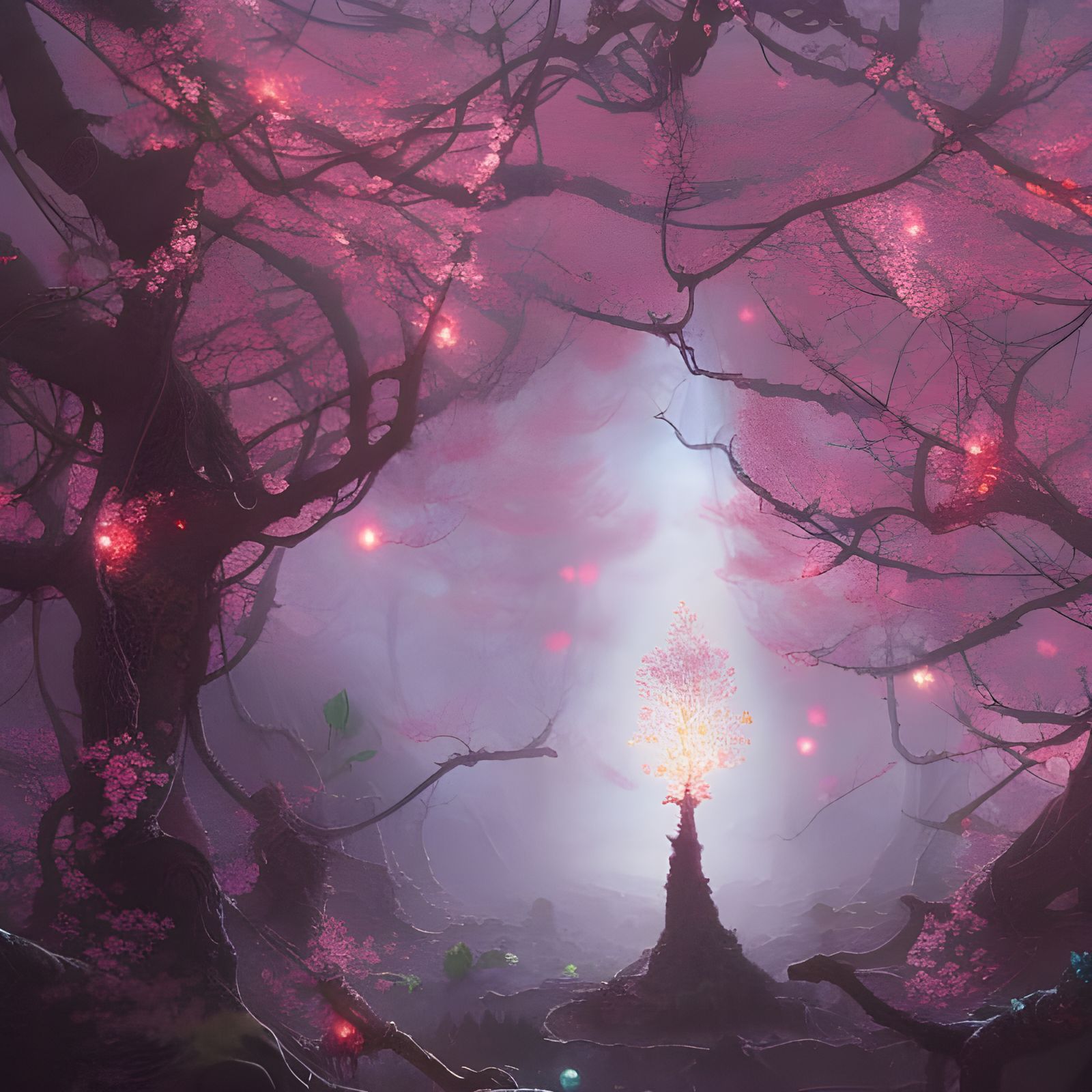 Ethereal Ghostly Blossom Tree in a Fantasy Landscape