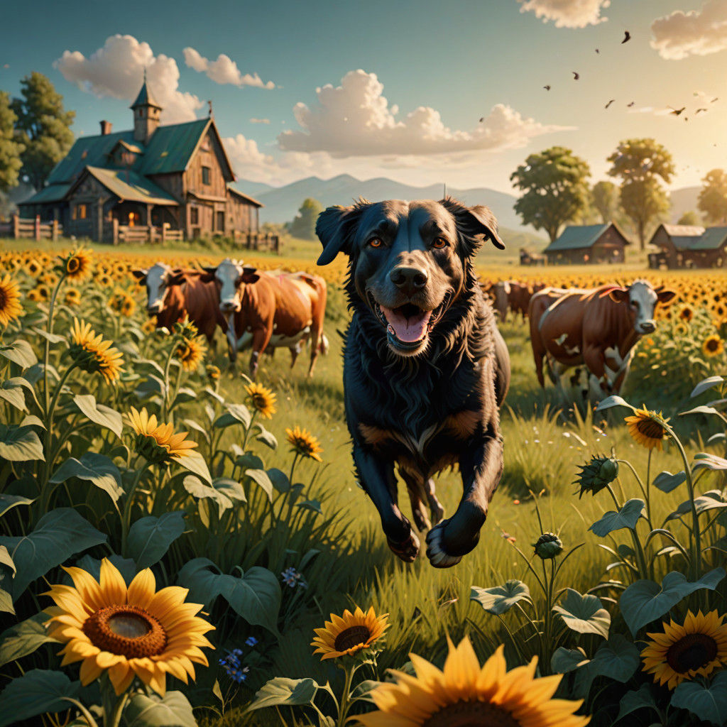 Whimsical Fantasy Scene with a Running Dog and Cows in a Sun...