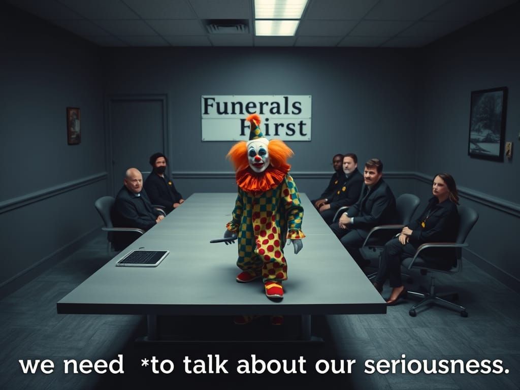 Clown Boss in Funeral Home Office, Hyperrealistic Style
