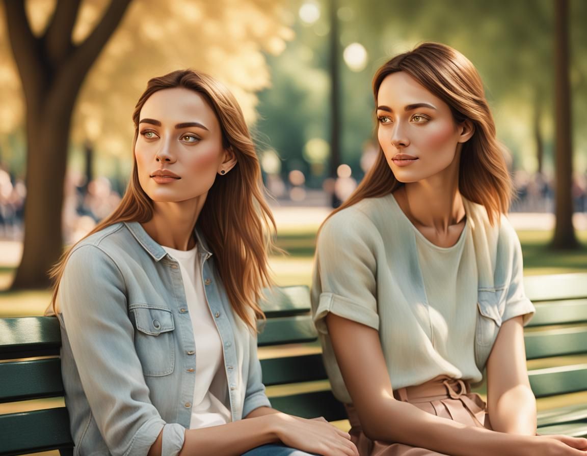 A young woman sitting on a park bench looking sad and worried her friend sitting beside her turned towards her gently p...