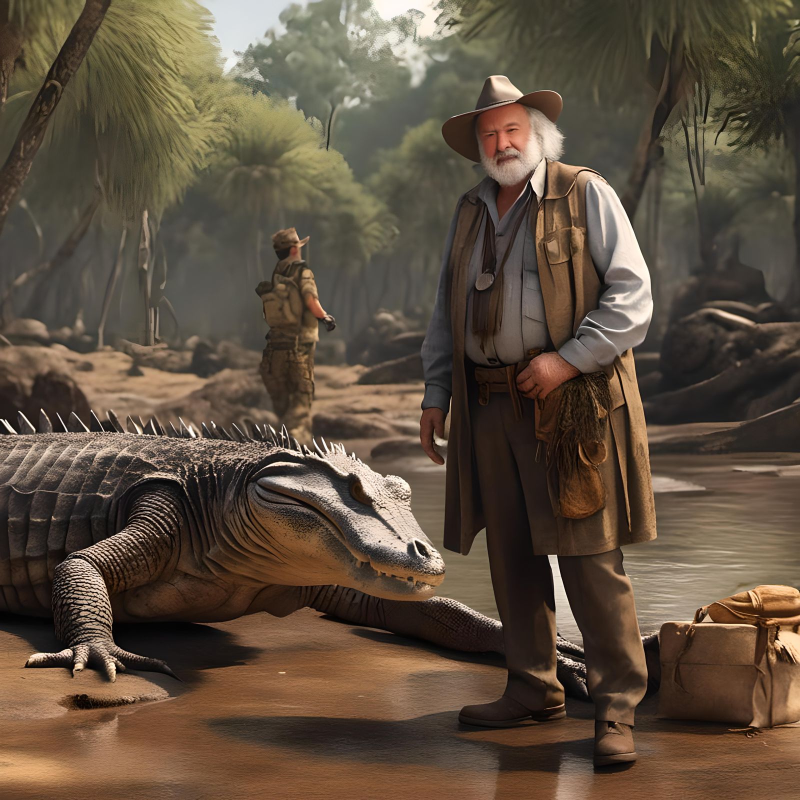 Australian Bushman with Crocodile, Matte Painting Style