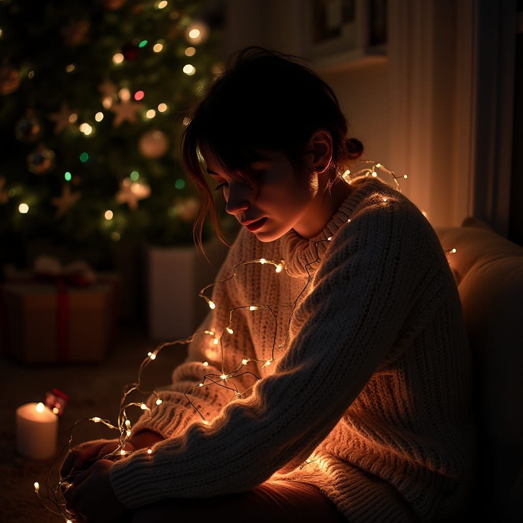 Cozy Winter Scene in Vibrant Christmas Lights
