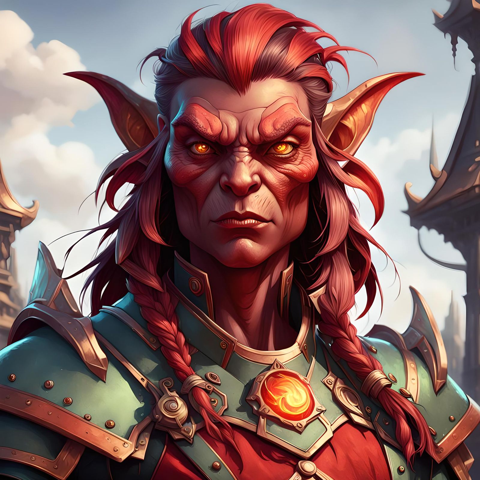 Red Goblin Captain Portrait in Hyperdetailed Style
