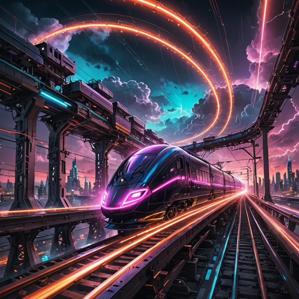 Futuristic Flying Trains in Neon Glow