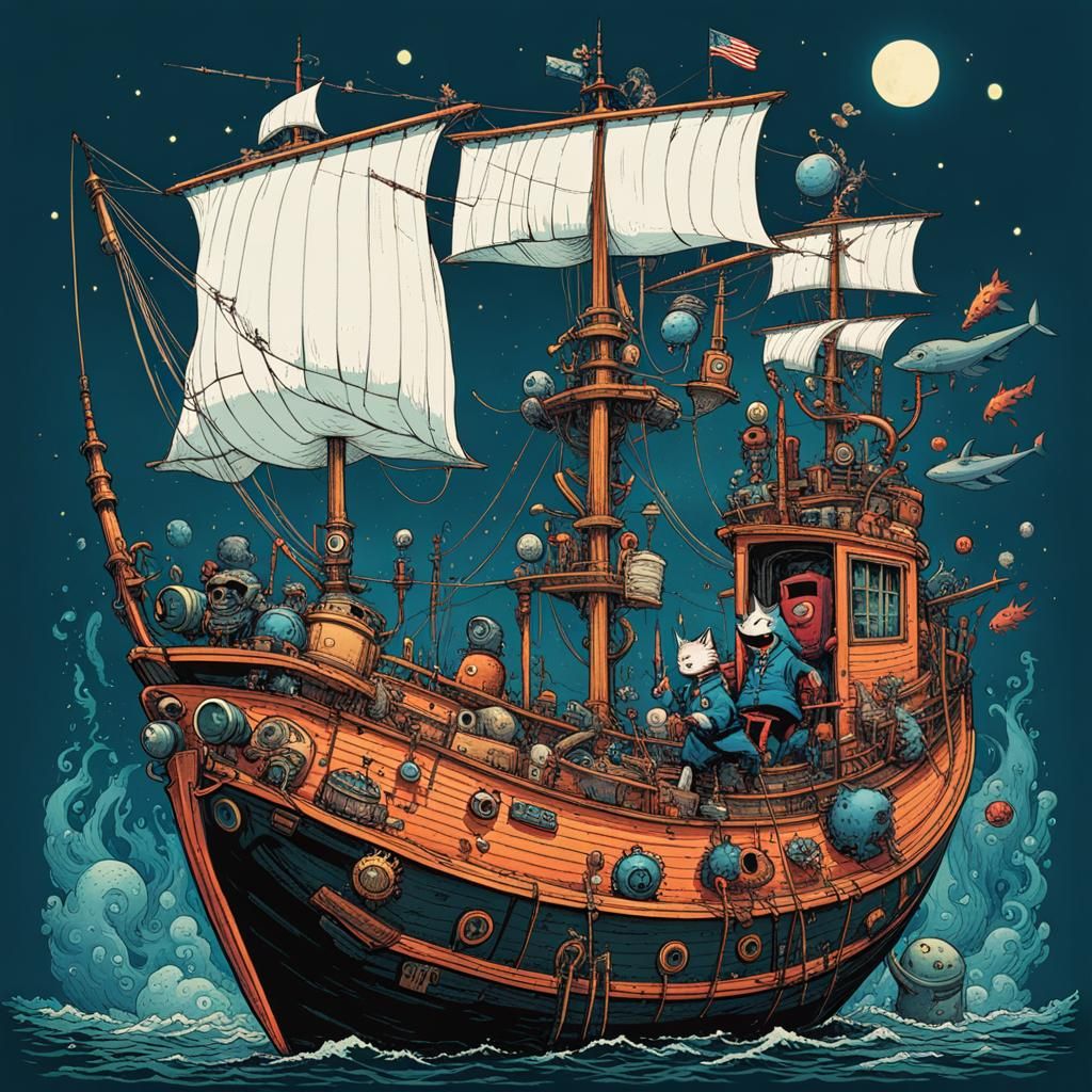 Anthropomorphic Cat in Submarine, Digital Art