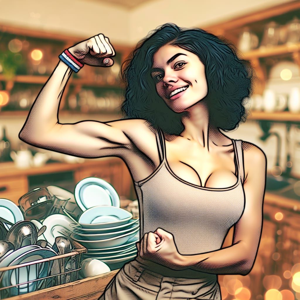 Playful Masseuse Flexes in Bokeh Style Kitchen