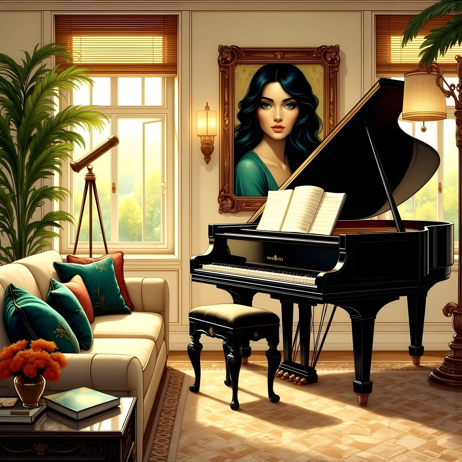 Cozy Art Nouveau Living Room with Piano and Telescope
