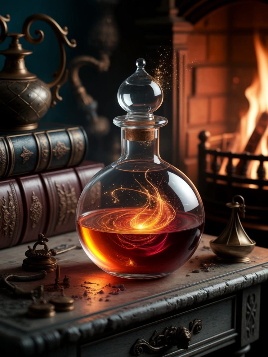 Luminescent Potion in Ornate Vial on Wooden Table