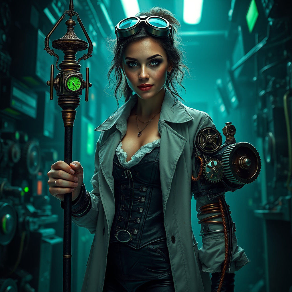 Steampunk Cybernetic Scientist in Dark Lab