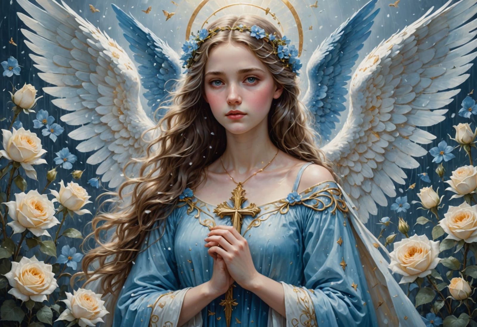 Young Angelic Lady in Blue Flowers and Silver Light