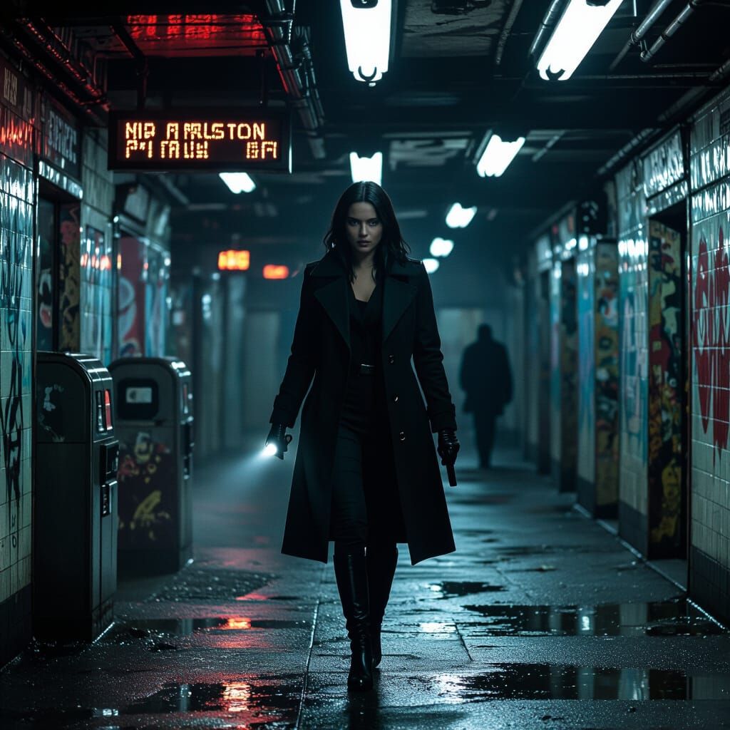 Film Noir Detective in Abandoned Subway Station