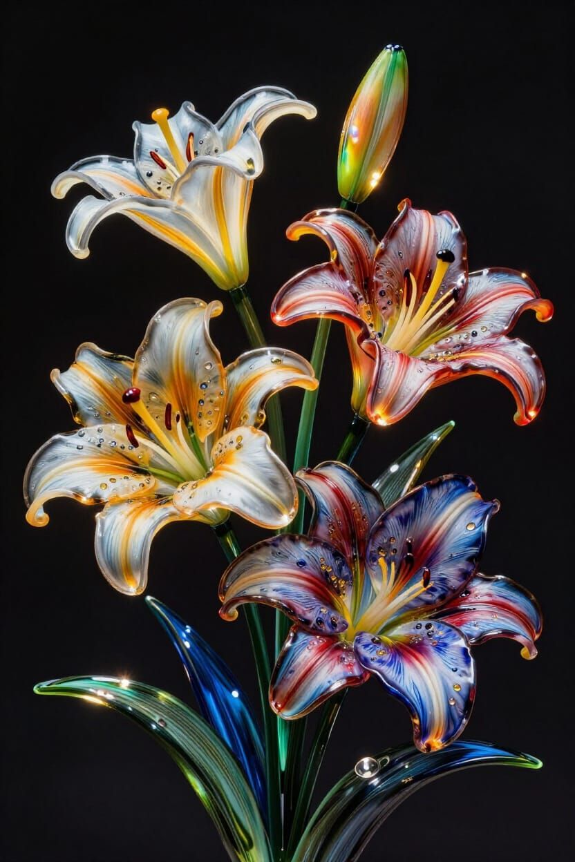 Vibrant Lilies in Fluid Art Style with Venetian Glass Influe...
