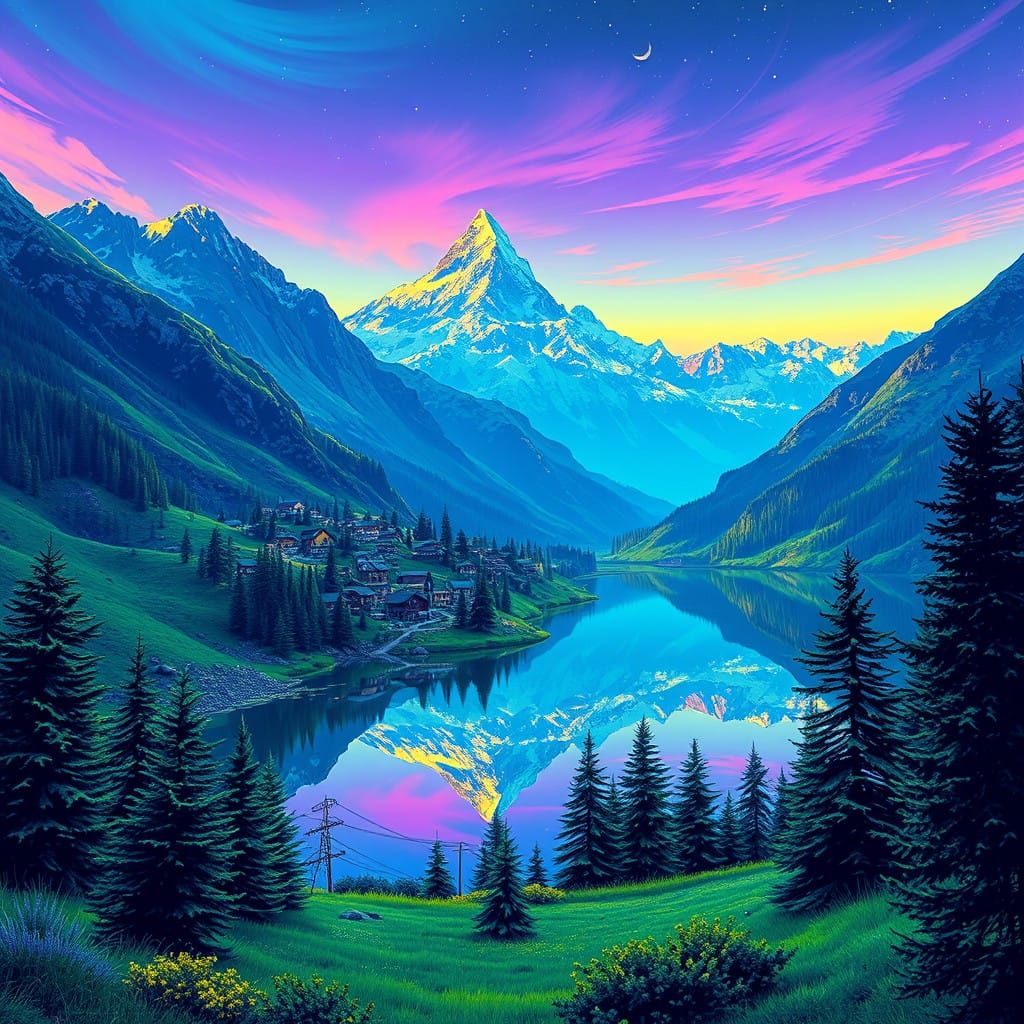 Vaporwave Landscape lake mountain village green blue yellow