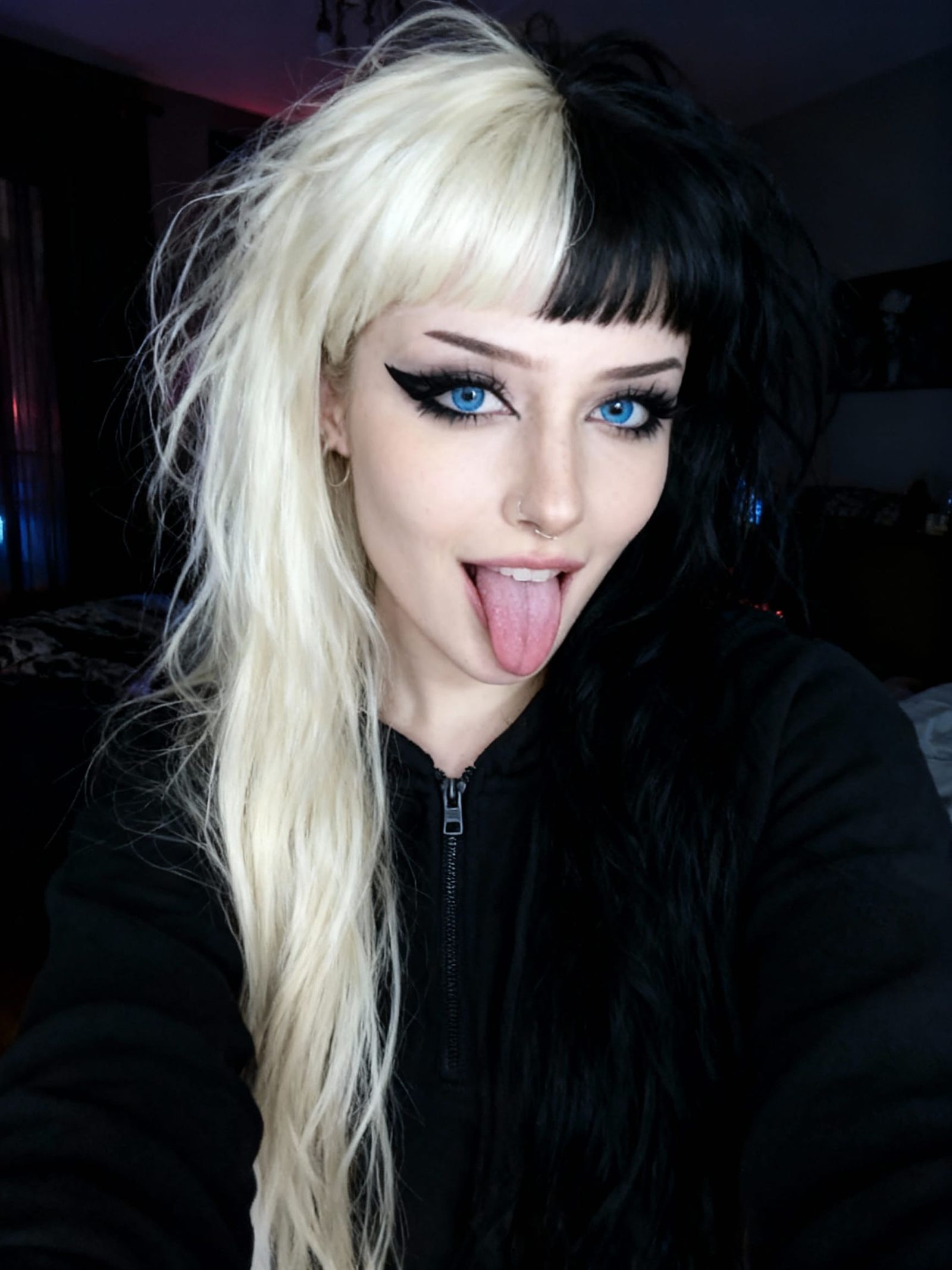 Goth Selfie: Two-Toned Hair, Blue Eyes, Tongue Out