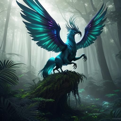 Jeweled Griffon in Lush Forest, Digital Painting