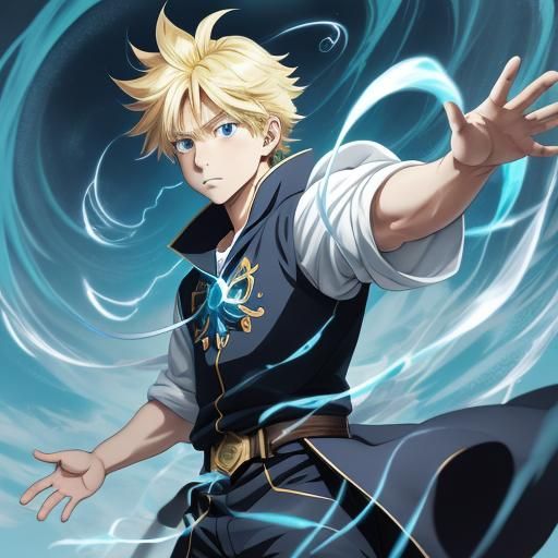 Anime Boy with Swirling Magic, Cel-Shaded Style