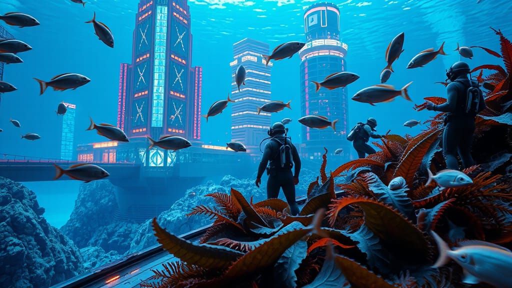 Futuristic Divers Tend Kelp Beds in Underwater Metropolis