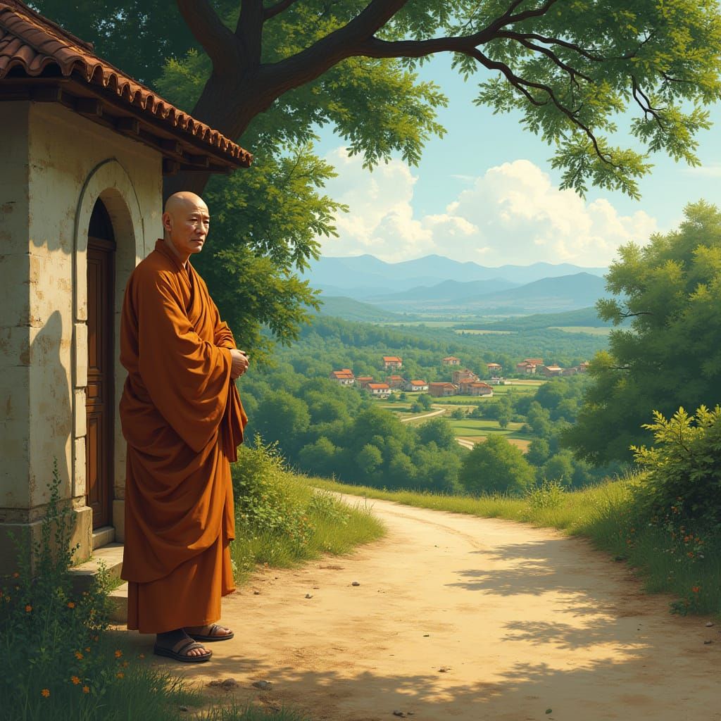 Bald Asian Monk in Rustic Church Setting, Impressionist-Insp...