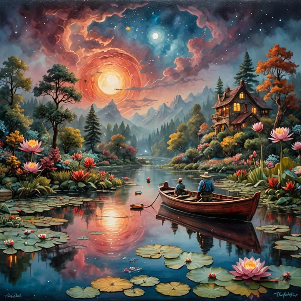 Whimsical River Scene with Blood Moon in Watercolor