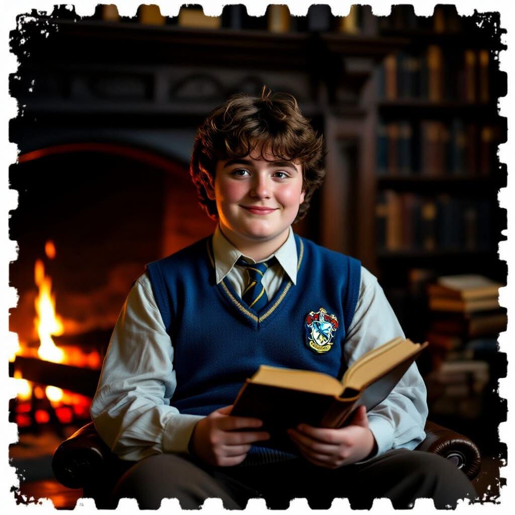 Chubby Ravenclaw Student by Fireplace in Film Aesthetic