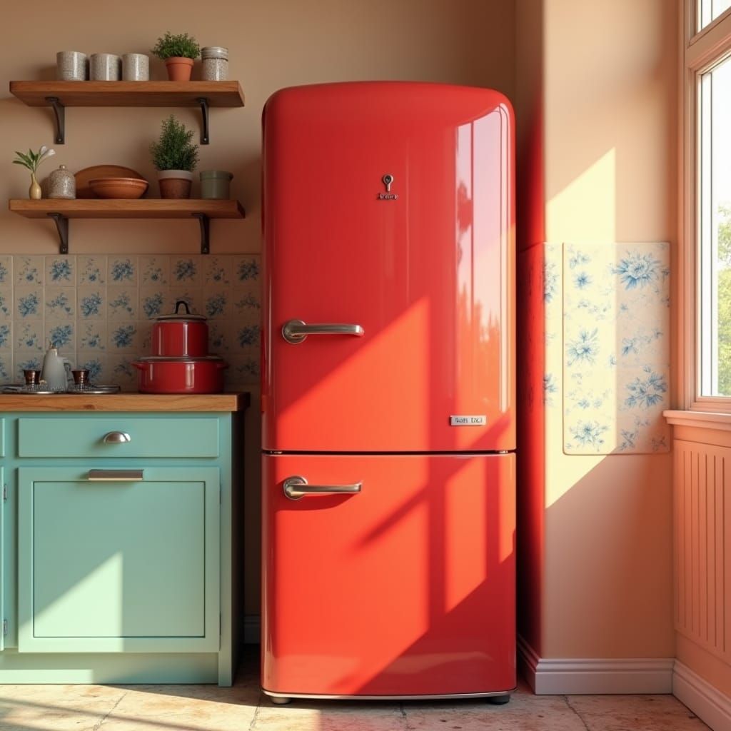 Red Refrigerator in Pastel Kitchen: Dreamlike Digital Art