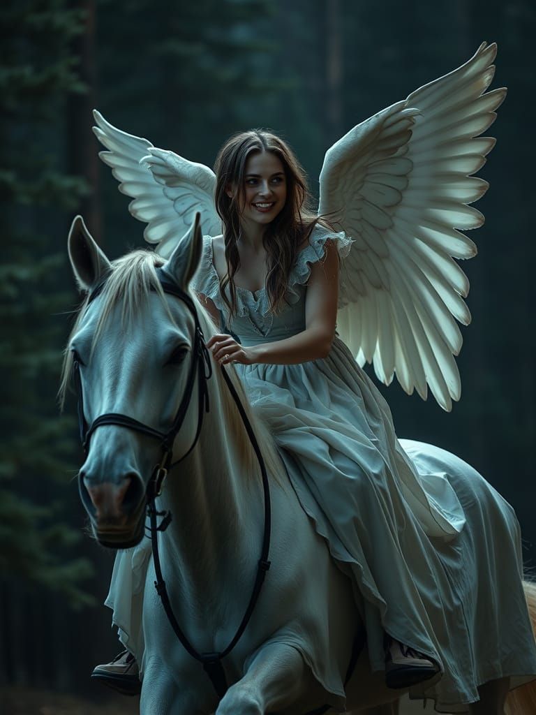 Eerie Witch Rides Pale Horse Through Dark Forest