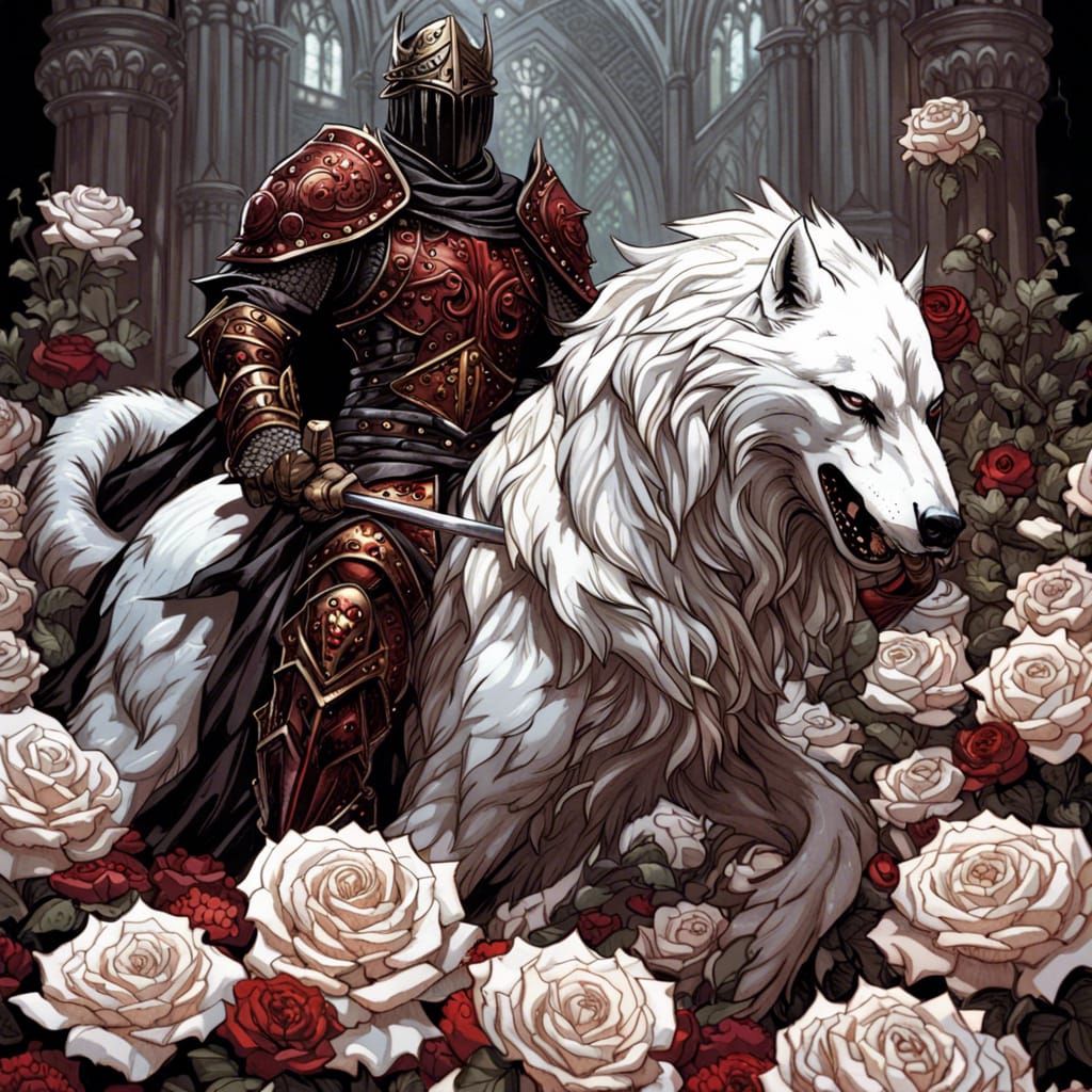 Grimdark Paladin on Wolf Amidst Roses
