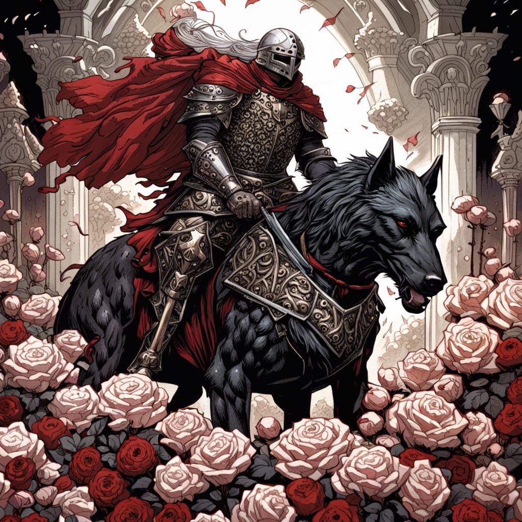 Grimdark Paladin on Wolf in Rose Field