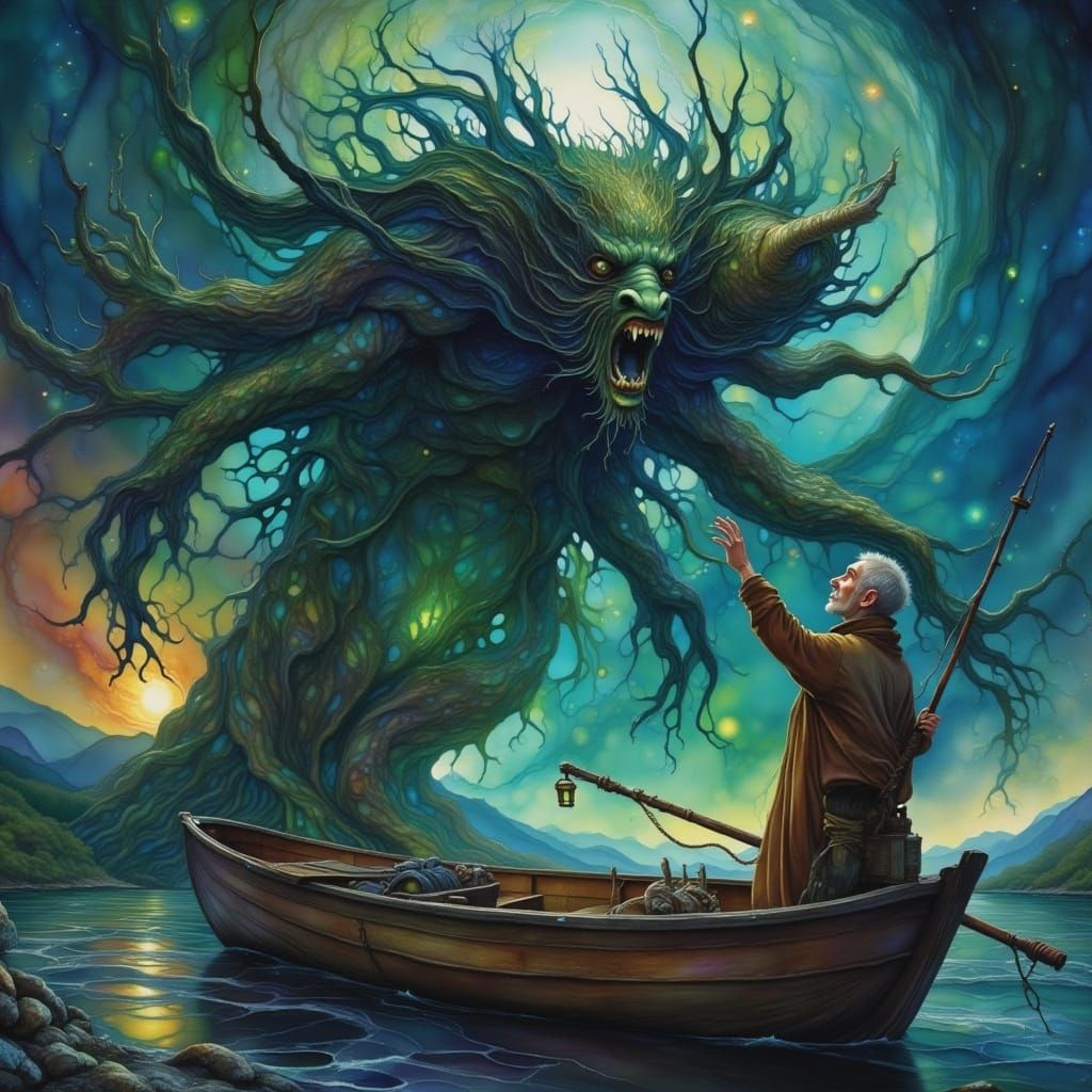 Fisherman Faces Sea God in Hyperrealistic Style