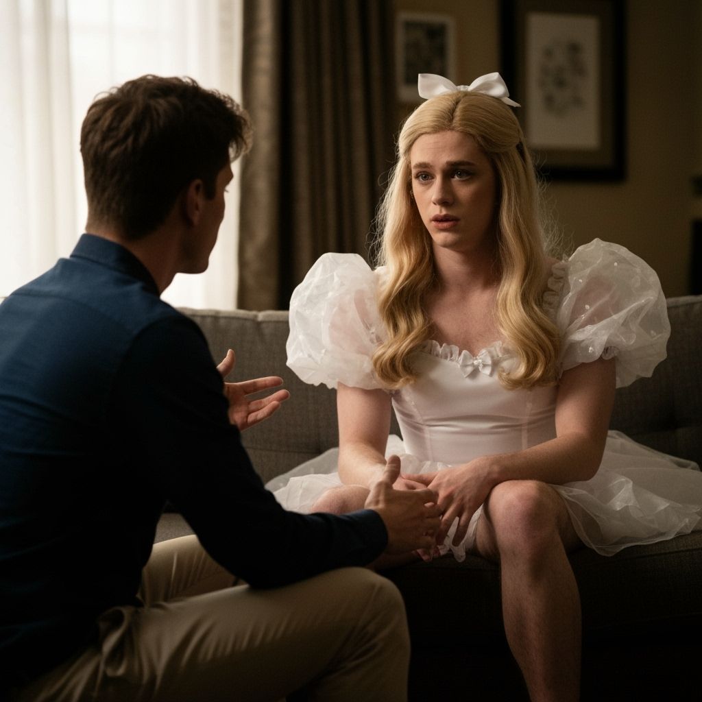Worried Young Man in Bridesmaid Dress Sits on Couch