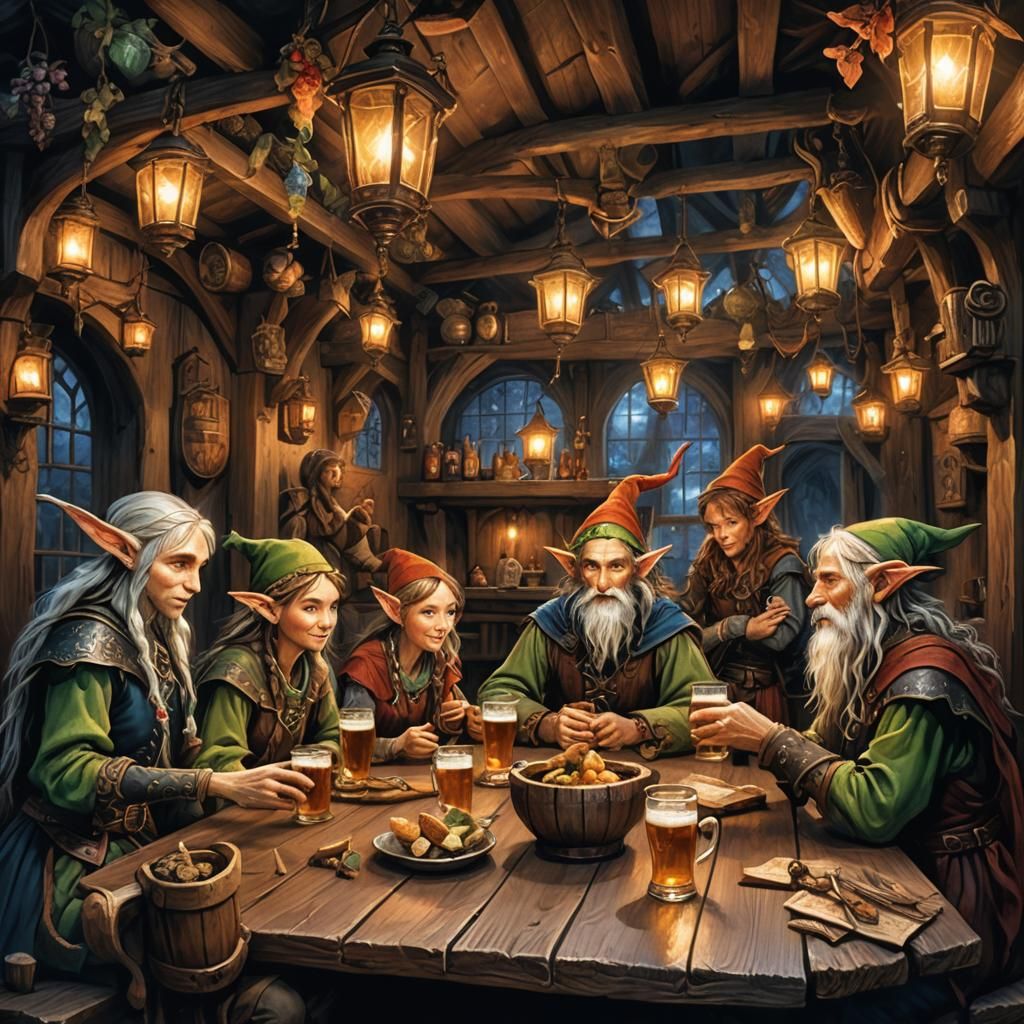 Elves in Tavern: Whimsical Fantasy Art