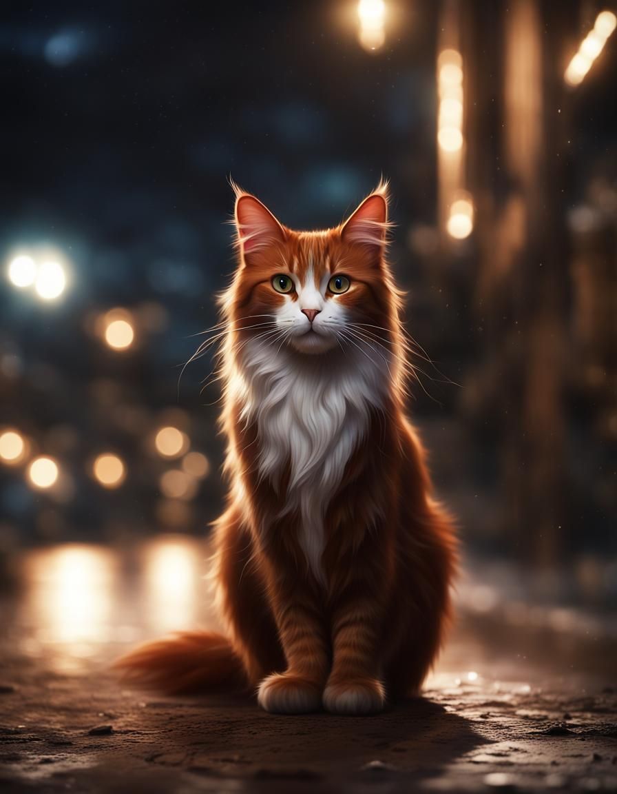 Mystical Cat Portrait at Night: Impressionistic Style