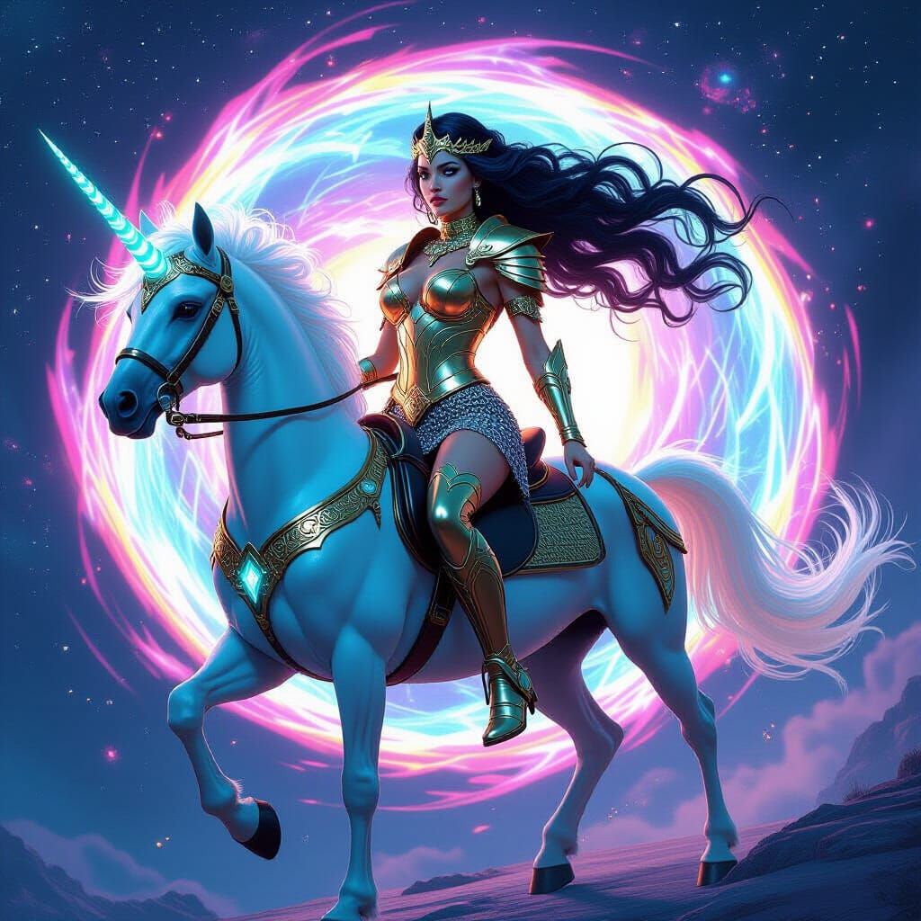 Goddess on Cyberpunk Unicorn in Energy Vortex