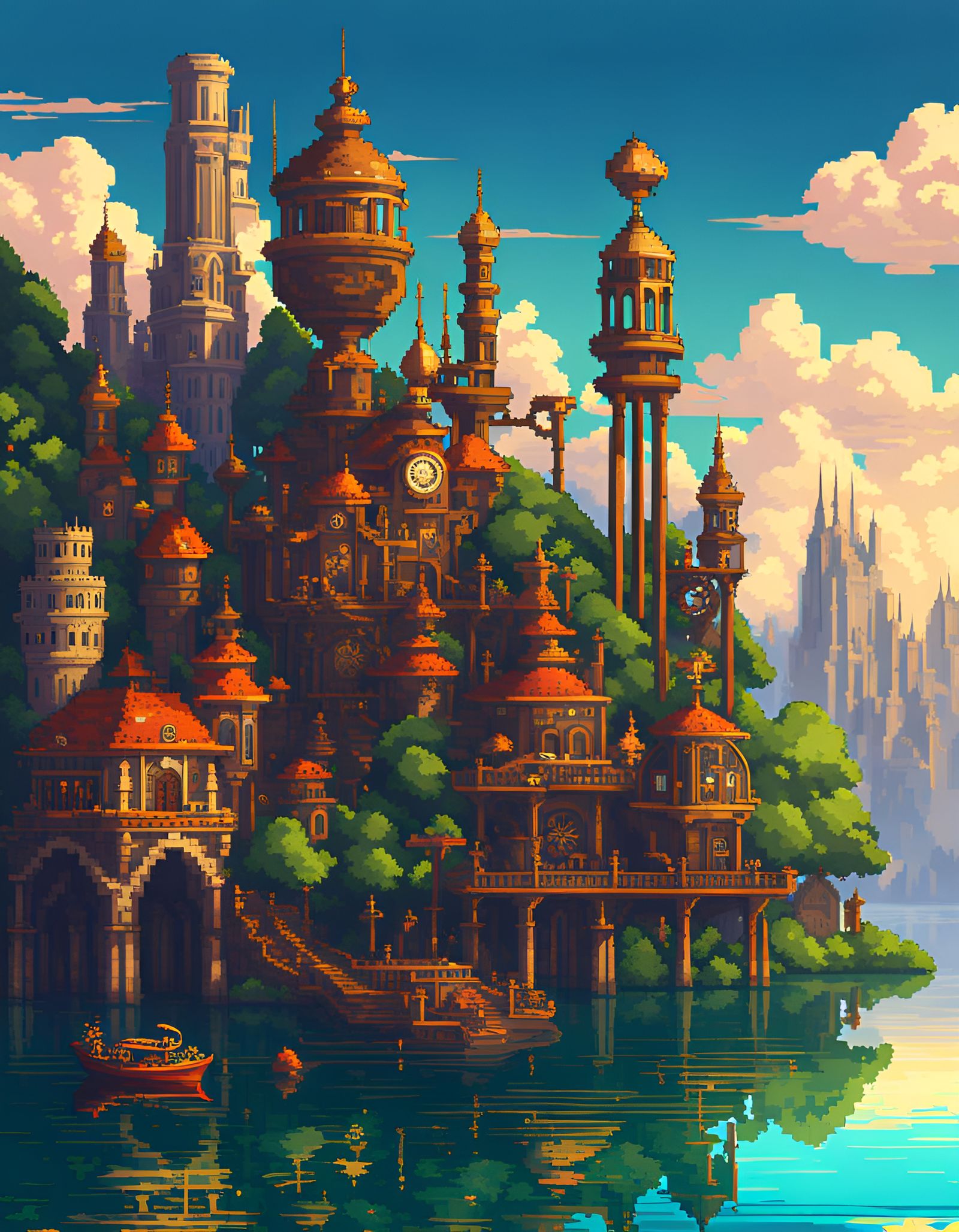 Fantasy Steampunk City on Lake in Pixel Art