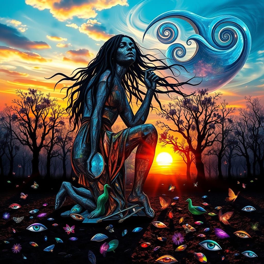 Surreal Fragmented Sculpture of Woman at Sunset