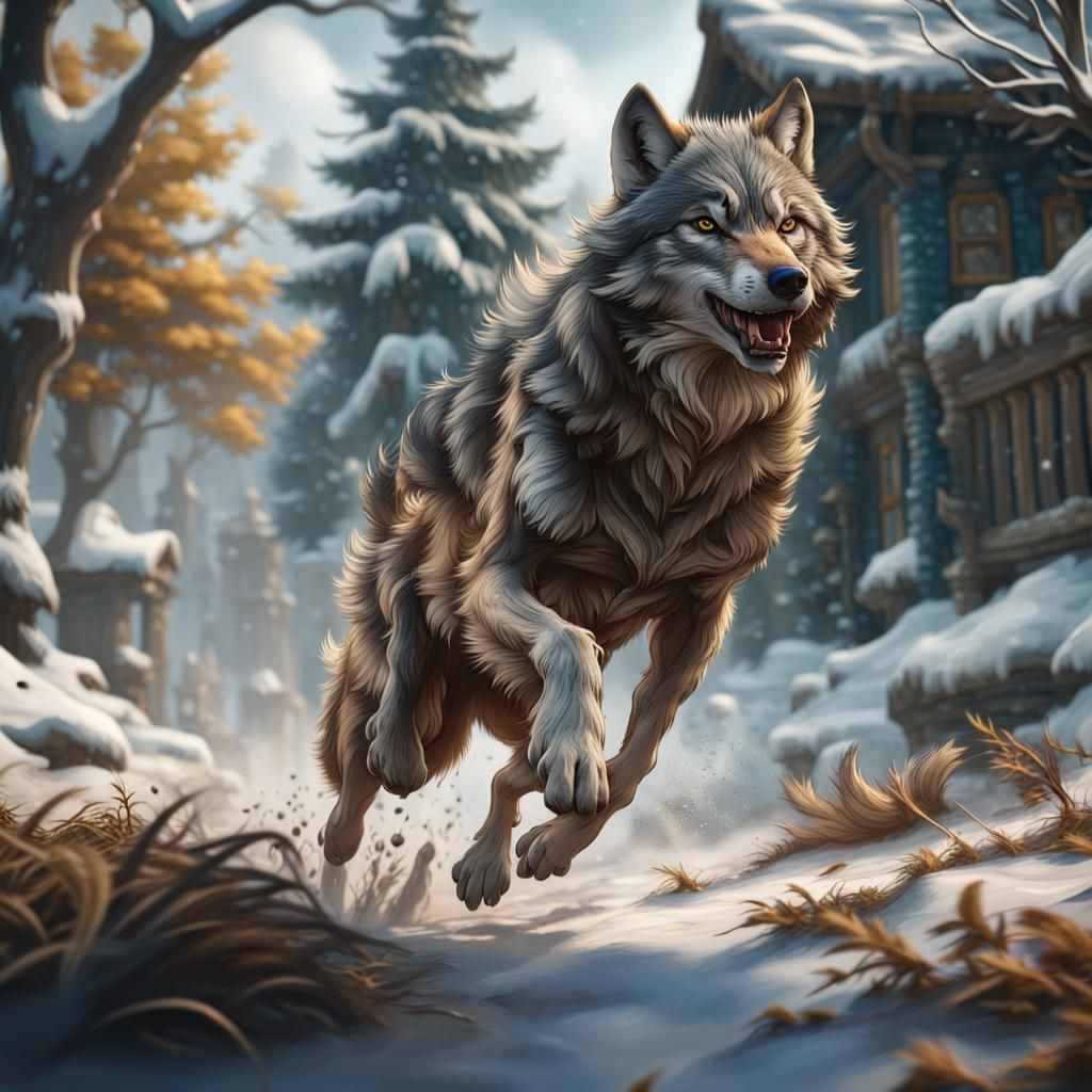 Wolf Sprinting After Mouse in Winter Landscape